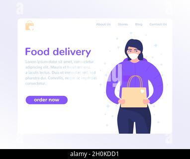 Disegno della pagina di destinazione per la consegna di alimenti con corriere Illustrazione Vettoriale