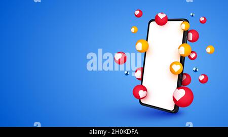 Smartphone mobile con bolle di notifica mi piace su sfondo blu. Social media e concetto di marketing. Illustrazione vettoriale Illustrazione Vettoriale