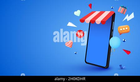 Smartphone mobile con app shop. Concetto di shopping online. Illustrazione vettoriale Illustrazione Vettoriale