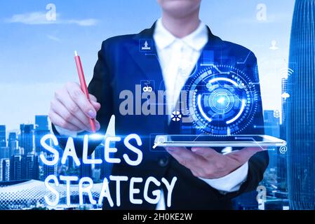 Strategia di vendita del display concettuale. Business showcase piano per raggiungere e vendere al vostro target di mercato Marketing schermo a sfioramento a mano di Mobile Foto Stock