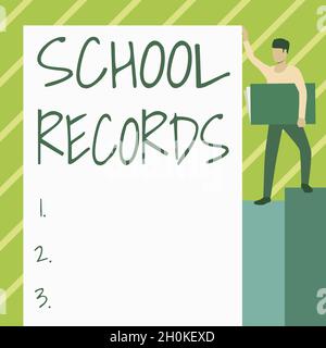 Visualizzazione concettuale School Records, Internet Concept Information che è tenuto circa un bambino a scuola Biografia uomo in piedi portando grande notebook Wh Foto Stock