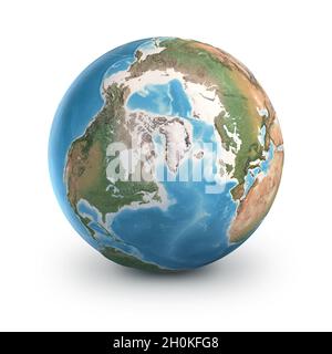 Pianeta Terra globo, isolato su bianco. Geografia del mondo dallo spazio, focalizzata sul Polo Nord e la Groenlandia. Elementi forniti dalla NASA Foto Stock