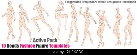 Modelli di figure di moda con 10 testine - Active Pack. Croquis esagerato per il disegno di modo e l'illustrazione Illustrazione Vettoriale