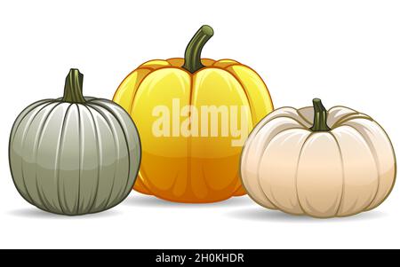 Zucche vettoriali gialle lucide con gambo verde Illustrazione Vettoriale