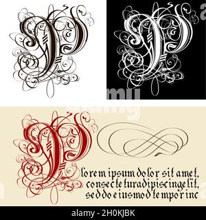 Decorazione gotica lettera P. uncial Fraktur calligrafia. Vettore EPS-8 separato da gruppi e livelli per una facile modifica. Illustrazione Vettoriale