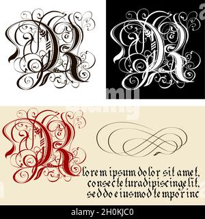 Calligrafia decorativa gotica R. uncial Fraktur. Vettore EPS-8 separato da gruppi e livelli per una facile modifica. Illustrazione Vettoriale