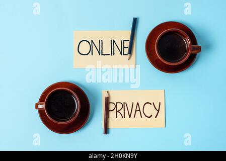 Testo della scrittura Privacy online. Concetto che significa livello di sicurezza dei dati personali pubblicati tramite Internet Display of Differ Color Sticker Notes Foto Stock