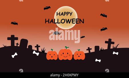 Buon Halloween. Zucche carine, ossa, ragno, pipistrelli su sfondo cimitero. Illustrazione Vettoriale