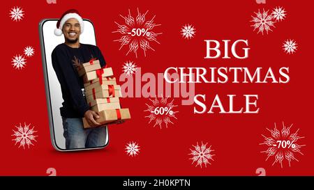 Felice ragazzo nero con regali di Natale in piedi in smartphone, collage Foto Stock