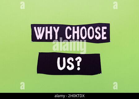 Didascalia di testo Presentazione perché scegliere noi domanda. Business idea elenco di vantaggi e svantaggi per selezionare il servizio di prodotto formando nuovi pensieri Foto Stock