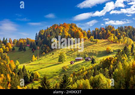 Moeciu de Sus, contea di Brasov, Romania. Paesaggio rurale autunnale dei Carpazi