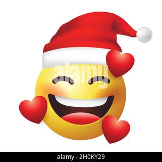 Emoticon di alta qualità su sfondo bianco. Babbo Natale emoji arrossendo in amore di cuori rossi. Il viso giallo emoji innamorato di occhi chiusi. Emotoji di Natale. Illustrazione Vettoriale