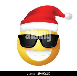 Emoticon di alta qualità con occhiali da sole. Vettore Emoji di Babbo Natale. Viso sorridente con occhiali da sole vettore. Faccia gialla con ampio sorriso indossando occhiali da sole. Illustrazione Vettoriale