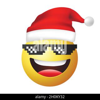 Emoticon di alta qualità con occhiali da sole. Vettore Emoji di Babbo Natale. Viso sorridente con occhiali da sole vettore. Faccia gialla con ampio sorriso indossando occhiali da sole. Illustrazione Vettoriale