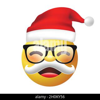 Vettore emoticon di alta qualità su sfondo bianco. Babbo Natale emoji. Faccia gialla che sorride emoji. Emoticon di trend. Emoticon xmas. Illustrazione Vettoriale