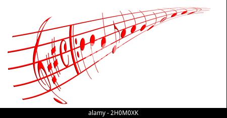 Note musicali rosse e segni musicali, illustrazione 3d, su sfondo bianco Foto Stock