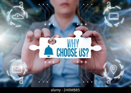 Didascalia di testo Presentazione perché scegliere noi domanda. Business vetrina elenco di vantaggi e svantaggi per selezionare prodotto servizio Business Woman Foto Stock