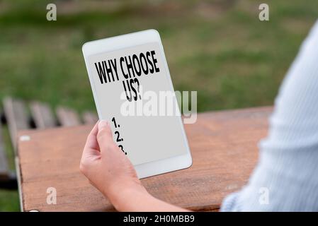 Didascalia di testo Presentazione perché scegliere noi domanda. Business vetrina elenco di vantaggi e svantaggi per selezionare il servizio di prodotto Online Jobs e. Foto Stock