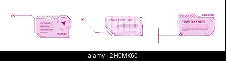 HUD stile futuristico didascalie titoli su sfondo bianco. Barre delle frecce di chiamata infografiche e moderni modelli di layout di cornici rosa con informazioni digitali. Interfaccia utente e gruppo di elementi di presentazione GUI. eps vettoriale Illustrazione Vettoriale