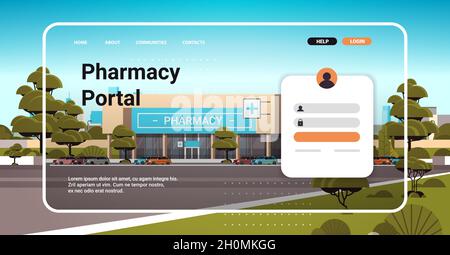 sito web della farmacia modello pagina di arrivo acquistare farmaci e farmaci online e-commerce sito concetto Illustrazione Vettoriale