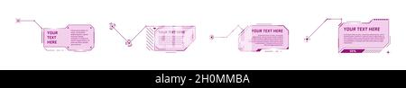 HUD stile futuristico didascalie titoli su sfondo bianco. Barre delle frecce di chiamata infografiche e moderni modelli di layout di cornici rosa con informazioni digitali. Interfaccia utente e elemento multimediale GUI impostati. eps vettoriale Illustrazione Vettoriale