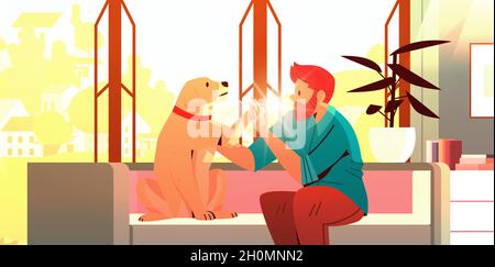 giovane uomo che passa il tempo con cane maschio proprietario e simpatica amicizia animale domestico con concetto di animale domestico Illustrazione Vettoriale