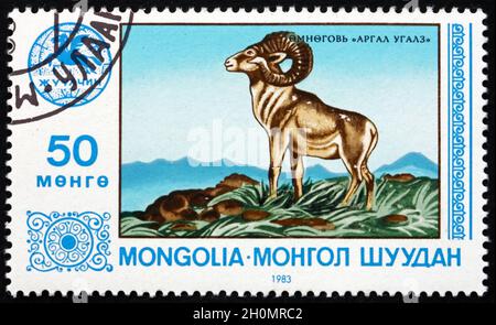 MONGOLIA - CIRCA 1983: Un francobollo stampato in Mongolia mostra pecore Bighorn, circa 1983 Foto Stock