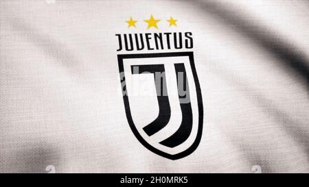 La bandiera FC Juventus ondola su sfondo trasparente. Primo piano della bandiera ondulata con il logo del club calcistico FC Juventus, anello senza cuciture. Animazione editoriale. Foto Stock