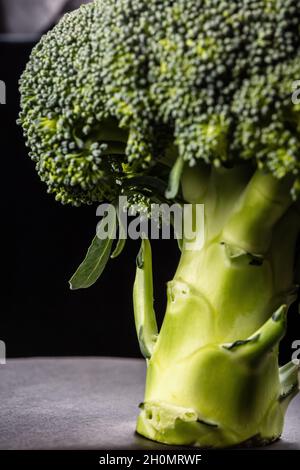 CAVOLO BROCKOLI IN FORMA DI ALBERO VERDE SU SFONDO NERO Foto Stock