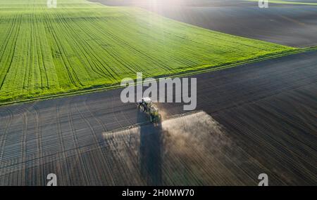 Immagine aerea del trattore che irrora il terreno e il raccolto giovane in primavera nel campo Foto Stock