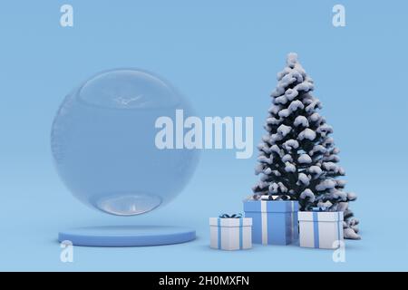 Sfondo blu di Natale 3D. Display quadrato a podio per la presentazione del prodotto. Forme geometriche pastello minimal con palline bianche festive. Estratto winte Foto Stock