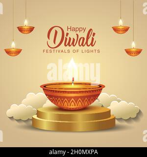 Felice Diwali saluti. lampada d'oro appeso e piattaforma dorata sfondo .vettoriale illustrazione design Illustrazione Vettoriale