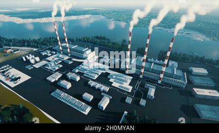 Vista aerea degli edifici della fabbrica di cartoni animati, del fiume e della foresta contro il cielo blu e nuvoloso in giornata di sole. Industria e produzione Foto Stock