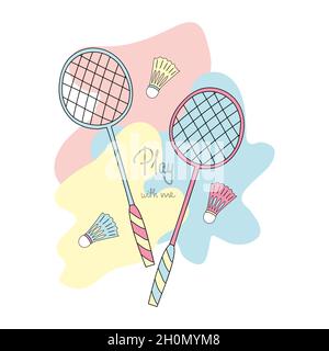 Racchette e shuttlecocks in stile doodle badminton. Lettere Gioca con me. Illustrazione vettoriale. Illustrazione Vettoriale