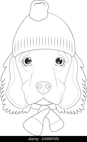Biglietto di auguri di Natale per la colorazione. Inglese Cocker Spaniel cane che indossa un cappellino di lana per l'inverno Illustrazione Vettoriale