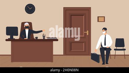 Corridoio ufficio su sfondo crema: Ricevimento con segretario anziano e area di attesa con visitatore in maschera protettiva su sedia e tavole di legno Illustrazione Vettoriale
