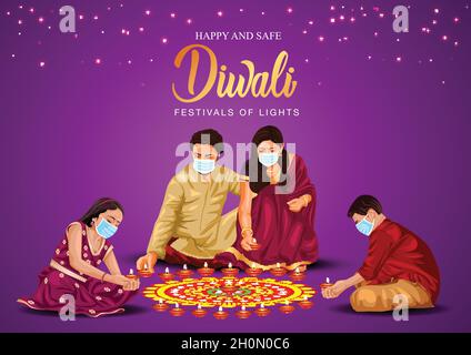 Famiglia indiana festeggia il fondo del festival di Diwali con decorato Rangoli e Diya. Disegno vettoriale. Covid 19, corona virus concept Illustrazione Vettoriale