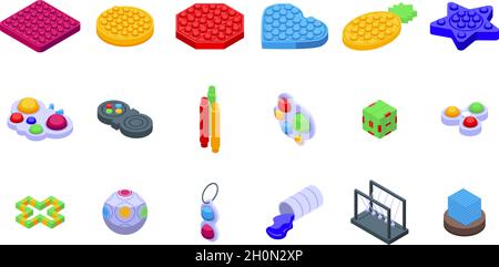 Le icone dei giocattoli antistress impostano il vettore isometrico. Concavità semplice. Sfera sensoriale Illustrazione Vettoriale