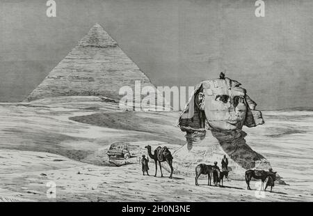 Egitto, Giza. Vista della Sfinge e della piramide di Khafre, prima degli scavi effettuati sotto la direzione di Auguste Mariette (1821-1881). ITA Foto Stock