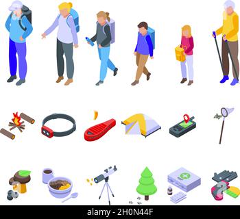 Viaggio in campeggio con icone bambini set isometrico vettore. Campo per bambini. Ragazzo scout Illustrazione Vettoriale