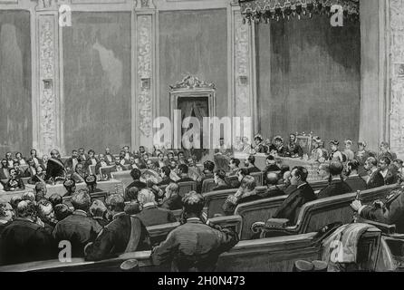 Spagna, Madrid. Sessione inaugurale sotto la presidenza del re Alfonso XII (1857-1885), nella sala d'assemblea dell'Università Centrale, a settembre Foto Stock