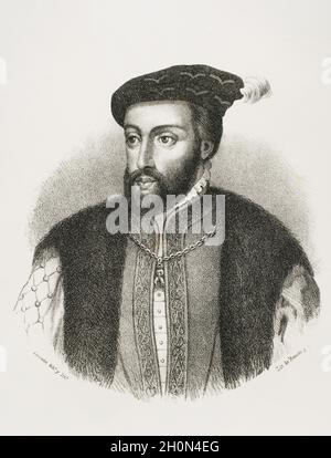 Carlo V (1500-1558). Imperatore Sacro Romano (1519-1556). Re di Spagna come Carlo i (1516-1556). Verticale. Illustrazione di Salcedo. Litografia. Cronica Foto Stock