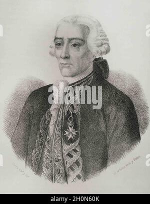 Jorge Juan y Santacilia (1713-1773). Ufficiale navale spagnolo e scienziato. Ritratto, 19 ° secolo. Illustrazione di Llanta. Litografia. Cronica Generale Foto Stock