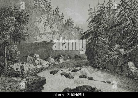 Stati Uniti, stato di New York. Cascate di Little. Rapide e rocce della valle del fiume Mohawk. Intorno alle rapide fu costruito un canale intorno al 1795. Incisione di Foto Stock