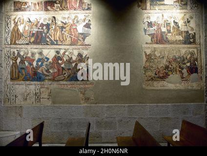 Massacro degli Innocenti. Dipinti murali datati del XIV secolo. Navata centrale della Cattedrale di Mondoñedo. Provincia di Lugo. Galizia. Spagna Foto Stock