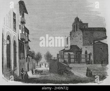 Spagna, Asturie, Aviles. Scena stradale. Illustrazione di Fernando Miranda. Incisione di Vierge, XIX secolo. Cronica General de España, Historia Ilustr Foto Stock