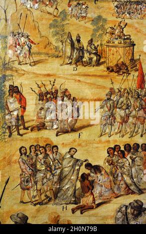 La conquista di México (1519-1521). Scene raffigurate: F- Cholultecas indiani inginocchiati davanti al re di Spagna (obbedienza al re). H- verso C Foto Stock