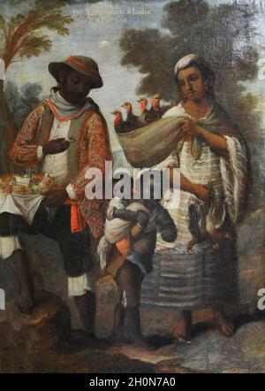 Andres de Islas (pittore attivo nella seconda metà del XVIII secolo). Castas, n. 14. De albarazado e india, nace barcino (da Albarazado e. Foto Stock