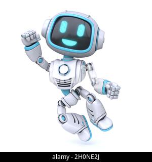 Robot blu carino happy jumping immagine di rendering 3D isolato su sfondo bianco Foto Stock