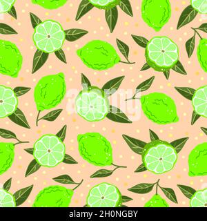 Limes e foglie su sfondo rosa. Pattern vettoriale senza giunture Illustrazione Vettoriale